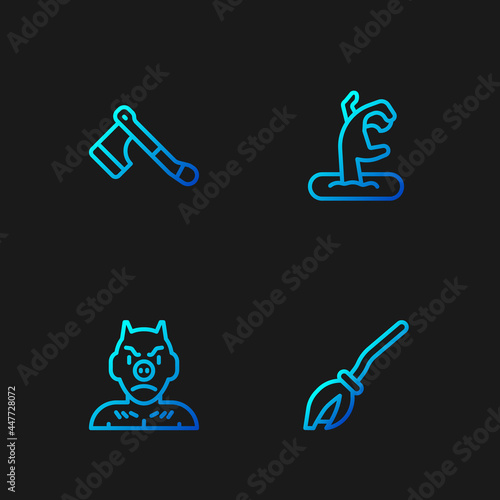 Set line Witches broom, Krampus, heck, Wooden axe and Zombie hand. Gradient color icons. Vector