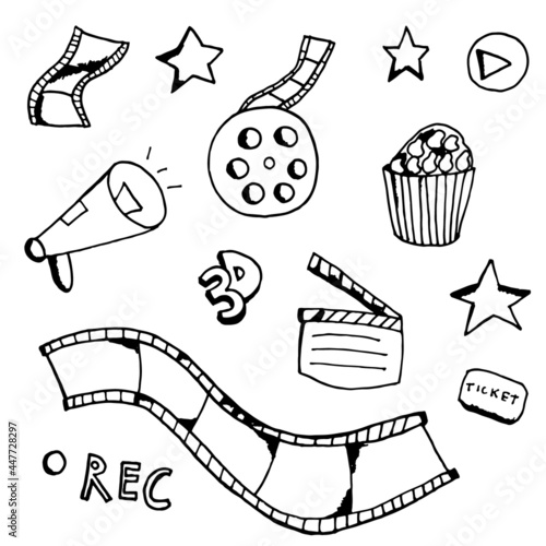 Vector hand drawn cinema and movie icon set