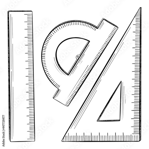 Doodle rulers set. Hand drawn geometry supplies on white background. Vector illustration.