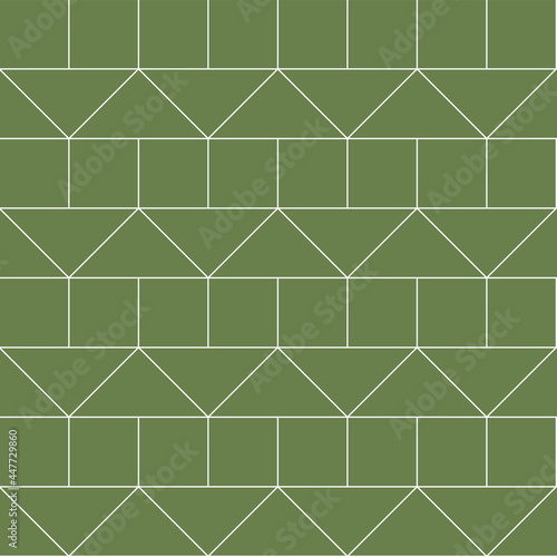 Minimal seamless vector pattern.
Olive green square and triangles tiles. Geometric with outlines texture design.  