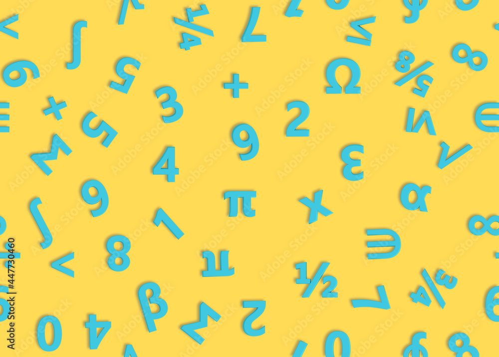 Blue numbers and mathematical symbols. Seamless pattern. 3d illustration. Blue numbers and mathematical symbols. Seamless pattern. 3d illustration.