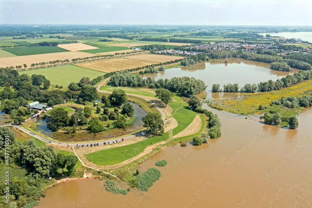 Aerial view from Fort Vuren near Woudrichem in the Netherlands in a flooded landscape