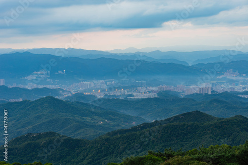 Morning sunny high angle view of the mountains around Wuzhi Shan