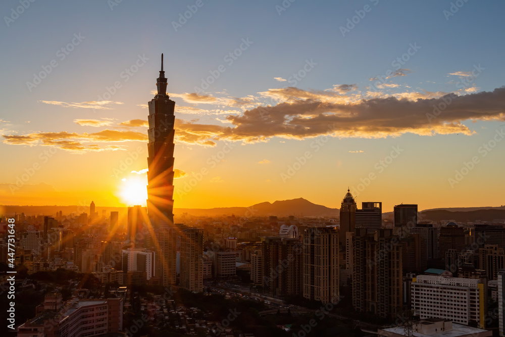 Sunset high angle view of the Xinyi District