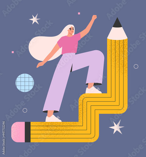 Graphic designer, illustrator, artist. Woman with a pencil in space. Drawing courses, lessons or classes. Creativity, inspiration, design concept. Art education. Isolated flat vector illustration