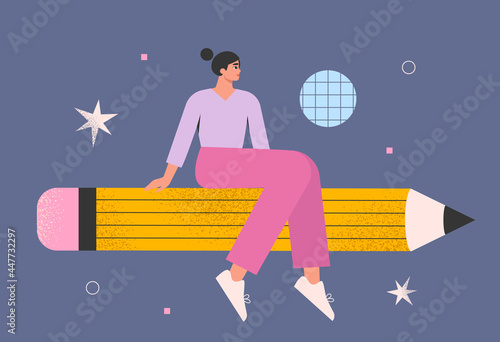 Graphic designer, illustrator, artist. Woman with a pencil in space. Drawing courses, lessons or classes. Creativity, inspiration, design concept. Art education. Isolated flat vector illustration