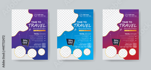 Travel flyer or poster brochure design layout. 3 colorful Travel flyer template for travel agency