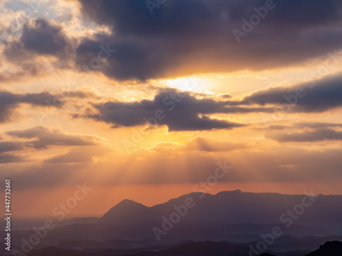 Morning sunny high angle view of the mountains around Wuzhi Shan