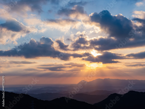 Morning sunny high angle view of the mountains around Wuzhi Shan