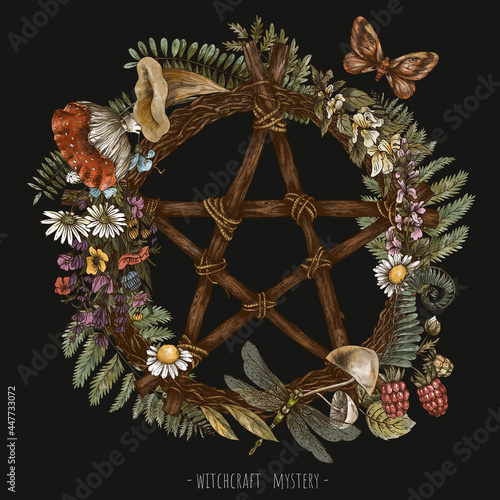 Vintage green witch floral wreath. Pentagram dream catcher witchcraft illudtration. Woodland treasures, mushrooms, ferns, amanita photo
