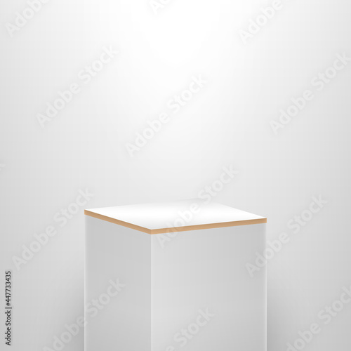 Minimal vector 3d illustration of a podium, stand, stage, made in light colors. With a light source on top. Rectangular podium. © Konstantin Batrakov