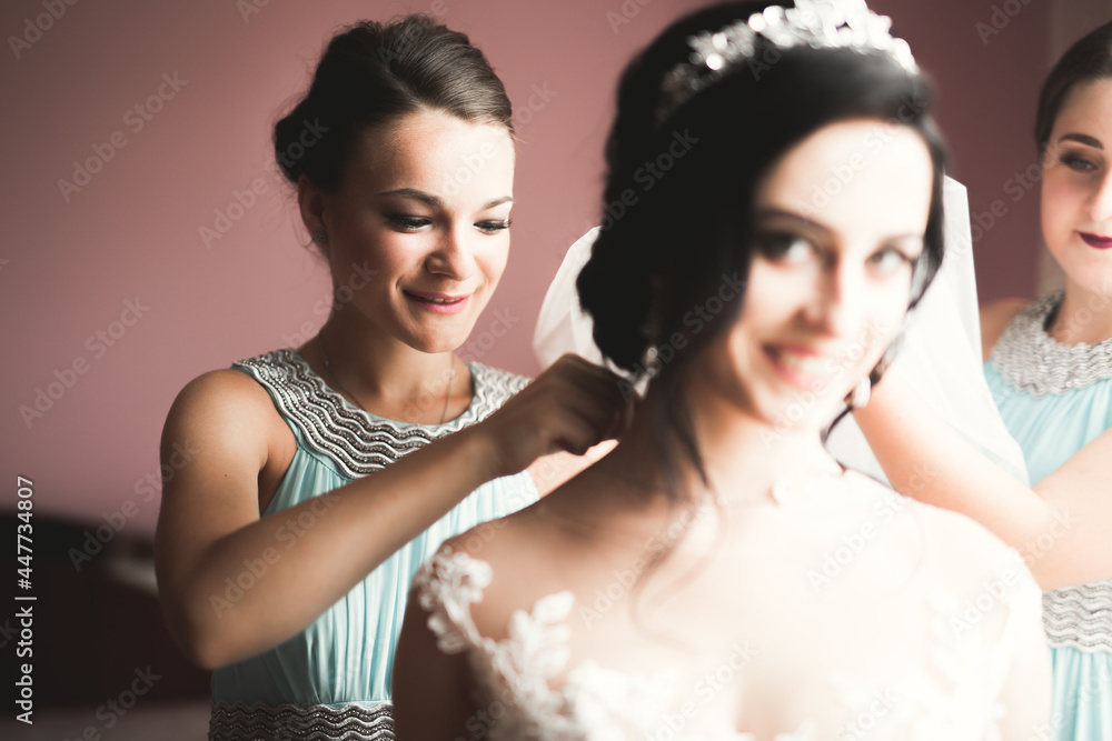 Naklejka premium Gorgeous bride in robe posing and preparing for the wedding ceremony face in a room