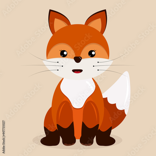 Cute fox with a fluffy tail sits on a light background with a shadow © y.star.design