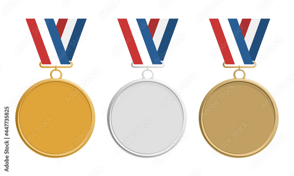 Gold, silver and bronze medal on colorful ribbon, icon. Medal set