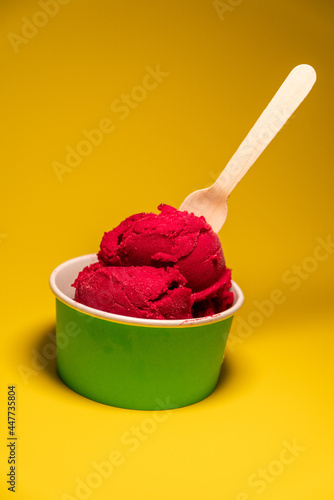 Deep Red Berry Sorbet Yellow Background Green Cup