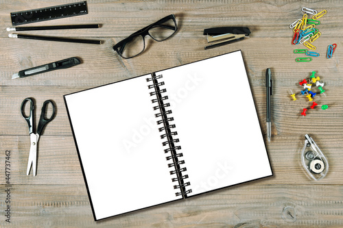 Open ring book mockup. Office college school supplies photo