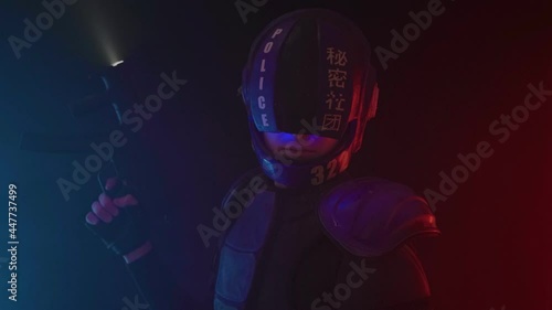 Cyberpunk concept, future world. Police officer cop, halfman bionic cyborg or android holds weapon gun with lantern is in dark in smoke. Science fiction scene, fantasy, sci. Portrait. Red blue light photo