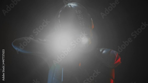 Cyberpunk concept, future world. Police officer cop, halfman bionic cyborg or android aims weapon gun with lantern at the camera in dark. Science fiction scene, fantasy, sci. Portrait. Red blue light photo