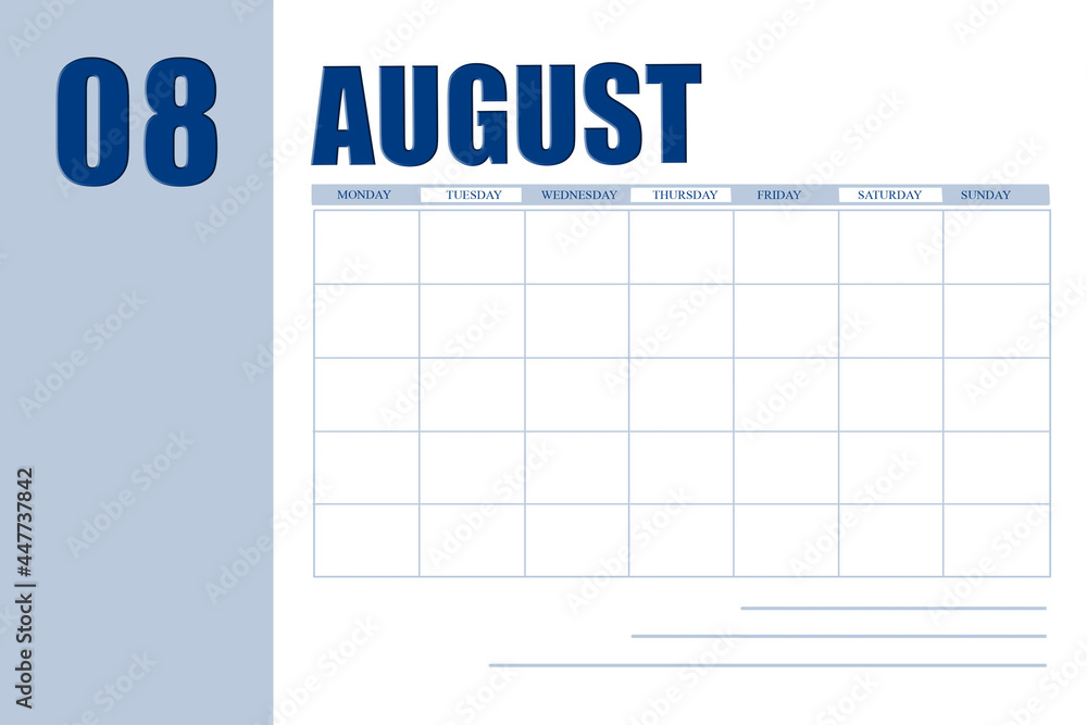august 8. 8th day of month, calendar date.Event planner for month, agenda. Table with  weeks of month for reminders. Concept of day of year, time planner, summer month