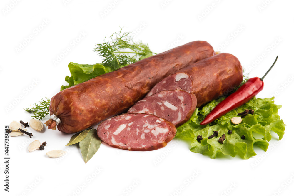 dry-cured salami sausage on a white plate dry-cured salami sausage on a white plate
