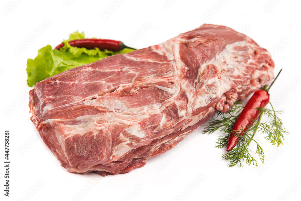 quality beautiful large piece of raw pork meat part of the carcass on white background
