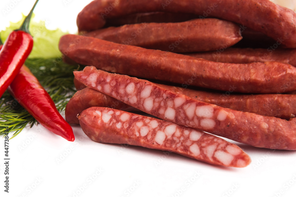 meat sausages on white background meat sausages on white background