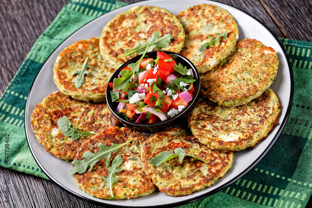 Zucchini Fritters with Dill and tomato salad