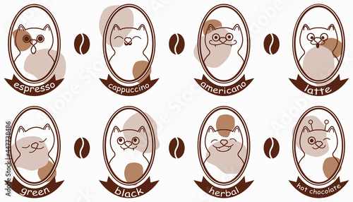 cat coffee shop stickers print paper cups silhouette brown coffee beans latte cappuccino americano espresso tea green black herbal cocoa hot chocolate