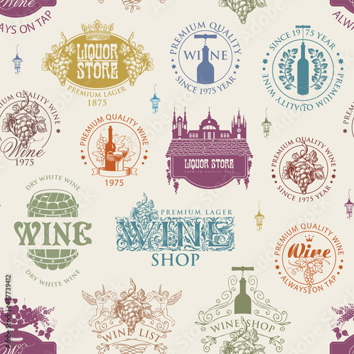 Seamless pattern with wine labels, logos, signs on a light background in retro style. Colored vector background on a theme of wine and liquor stores. Suitable for Wallpaper, wrapping paper or fabric