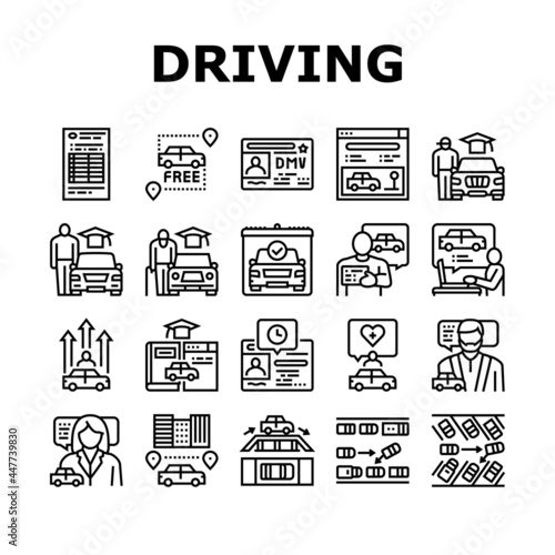 Driving School Lesson Collection Icons Set Vector. Driving School Educational Material And Test, Diagonal And Parallel Parking Teach Instructor Black Contour Illustrations