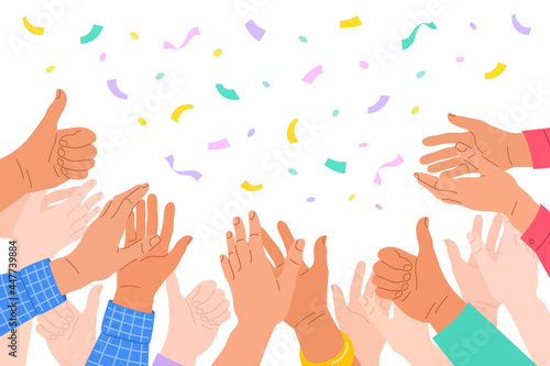 Clapping human hands. Crowd of men and women congratulates a winner. Business team applauding for great successful work. Teamwork and togetherness concept. Hand drawn colorful illustration