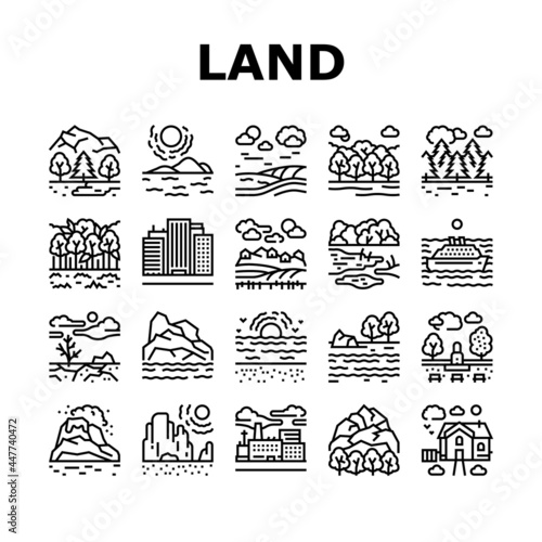 Land Scape Nature Collection Icons Set Vector. Desert And Forest, Meadow And Industrial Metropolis, Sea And Ocean, Tundra And Taiga Land Black Contour Illustrations