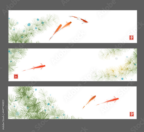 Three banners with small red fishes and seaweed on white background. Traditional oriental ink painting sumi-e, u-sin, go-hua. Hieroglyph - happiness, eternity.