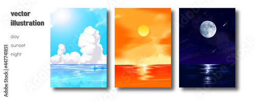 Vector illustration of day, sunset, and night background. landscape illustration that added fantasy and moody feeling.