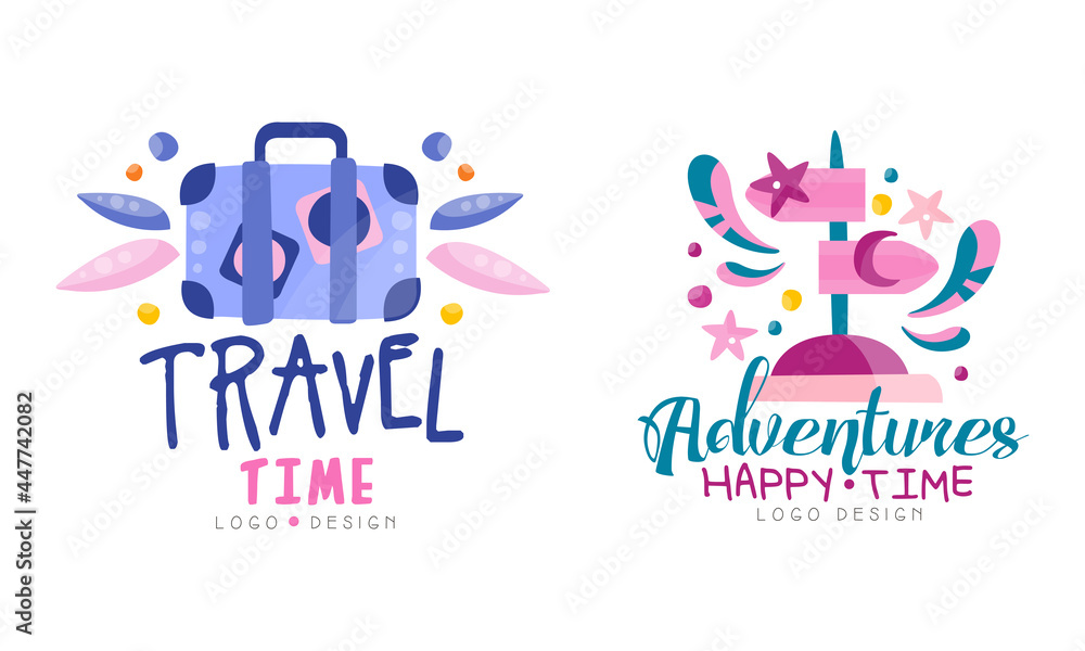 Travel Time Logo Design Set, Adventures Happy Time Hand Drawn Labels Vector Illustration Travel Time Logo Design Set, Adventures Happy Time Hand Drawn Labels Vector Illustration