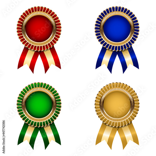 Champion gold medal with red, blue, green and yellow ribbons. Award for victory.