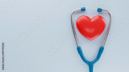 Red heart and stethoscope on a blue background with copy space. 3D image