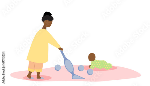woman mother vacuuming rug carpet vacuum cleaner baby play kid children household chores housewife cleaning home mom
