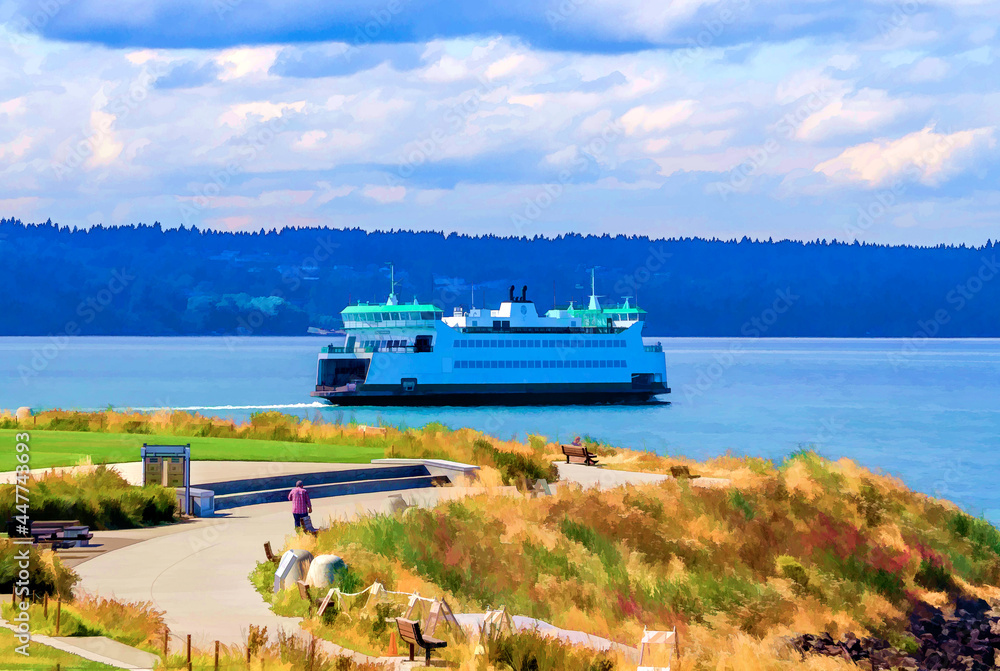 Ferry Leaving Port Illustration