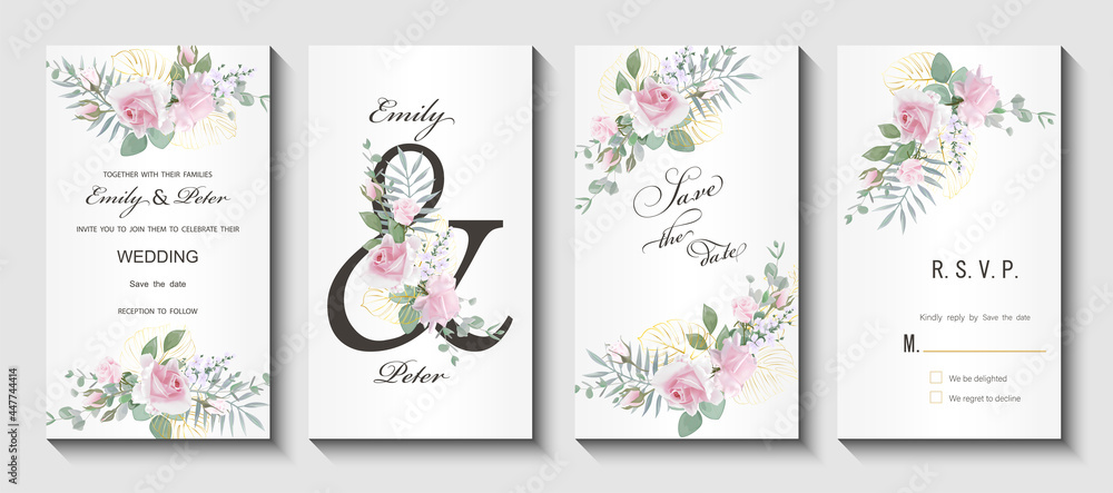Wedding invitation card with hand drawn flower ann ribbon background, vector illustration 