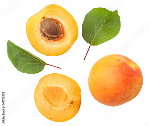 Apricots whole and half with green leaves on a white background set, cut apricots. Isolated