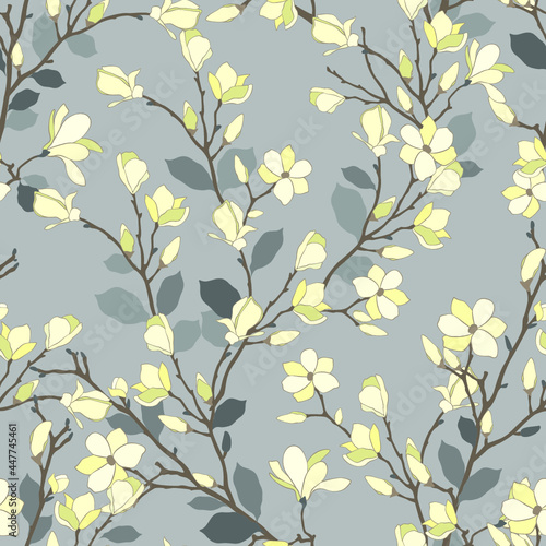 seamless pattern of flowers, branches and leaves