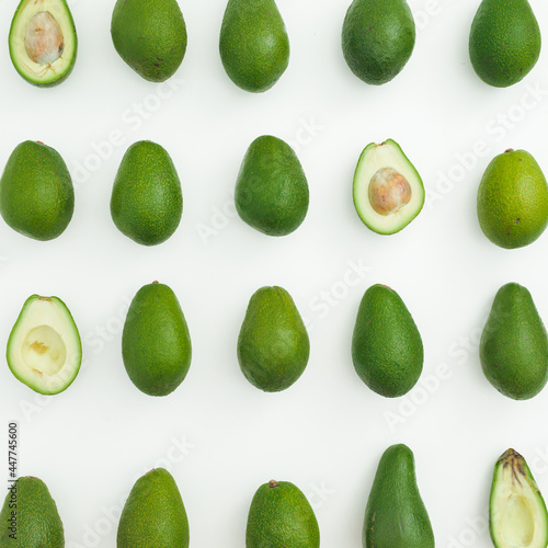 Avocado pattern on white background. Flat lay, top view.