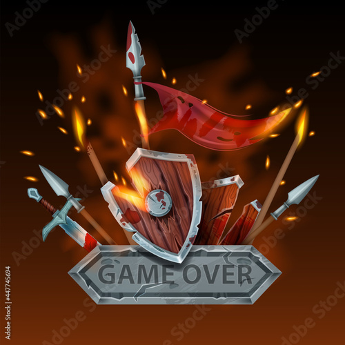 Game over vector background, computer arcade final defeat illustration, stone sign, wooden shield, fire. Medieval battle lose concept, level end UI design element, knight weapon. Game over clipart