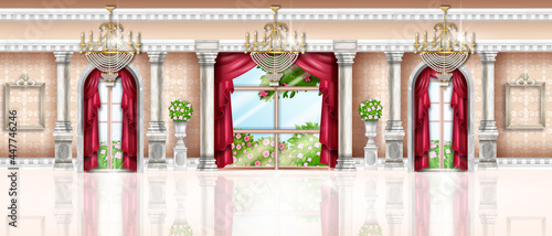 Fotografia Royal palace interior background, vector wedding banquet hall, fairy tale ballroom, arch window, pillar