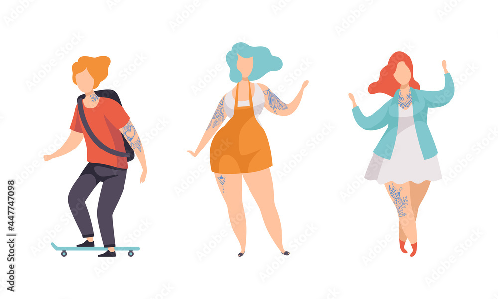 Fototapeta premium Tattooed or Inked Man and Woman in Standing Pose Vector Set