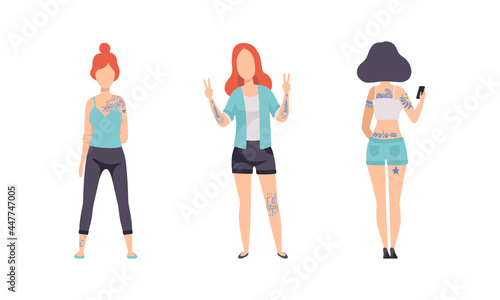 Tattooed or Inked Woman in Standing Pose Vector Set © topvectors