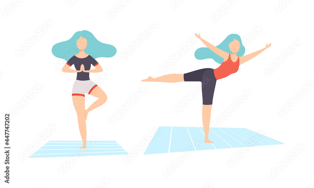 Young Woman on Mat Doing Yoga Standing in Asana Vector Set