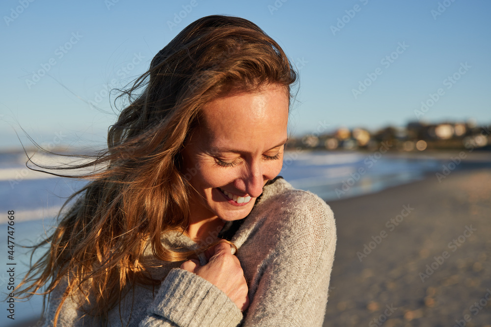 Carefree woman on seashore in summer Carefree woman on seashore in summer