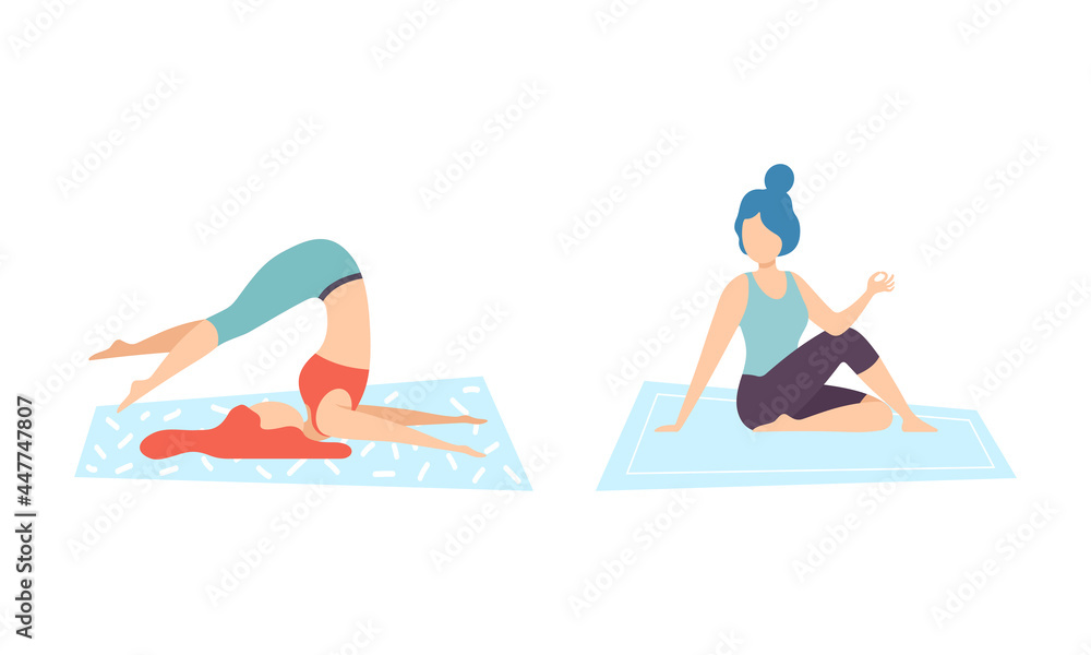 Young Woman on Mat Doing Yoga Standing in Asana Vector Set Young Woman on Mat Doing Yoga Standing in Asana Vector Set